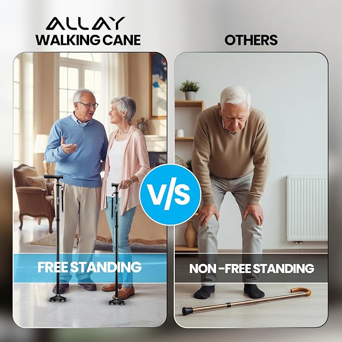 Allay Walking Canes for Men & Women - Adjustable Canes for Women for Stability, Self Standing Wide Quad Pivot Base, Light Weight, Soft Handle Grip and Travel Bag, Walking Sticks for Seniors