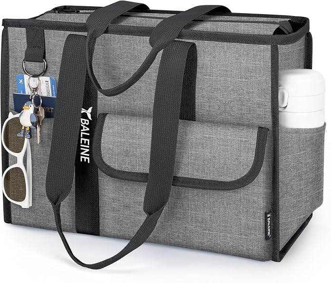 BALEINE Large Utility Tote Bag with Reinforced Bottom, Multi Pockets Foldable Tote Bag for Nurse, Travel, Work