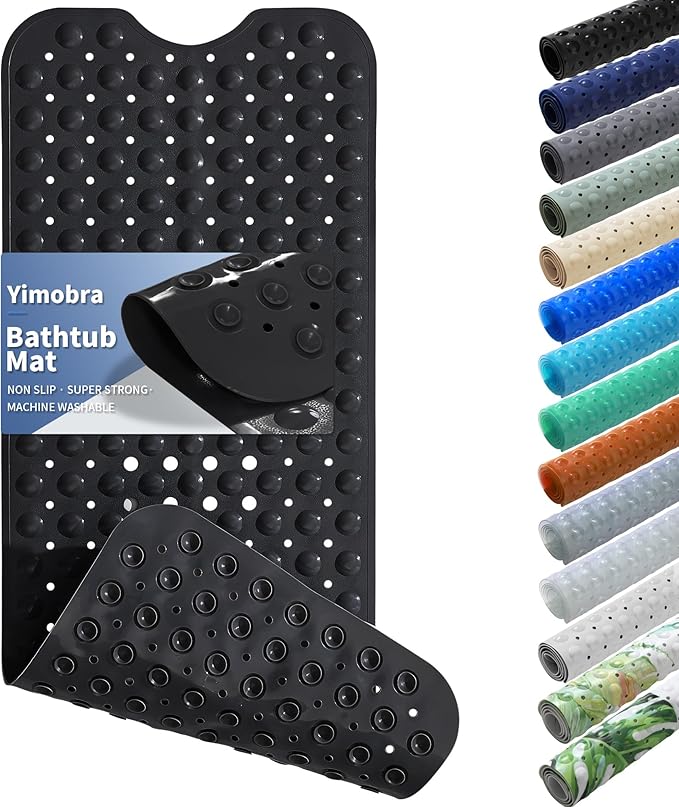 Yimobra Non Slip Bathtub Mat 40 x 16 Inch, Extra Long Shower Mat with Drain Holes, Machine Washable Baby Bath Mats, Strong Suction Cups for Bathroom Floor, Black