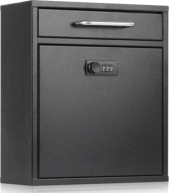 xydled Wall-Mount Mailboxes with Combination Lock, Black, Large | Steel Combination Lock Mail Boxes Outdoor, Locking Wall Mount Mailbox, Security Key Drop Box, 13.4H x 11.6L x 5.8W Inches