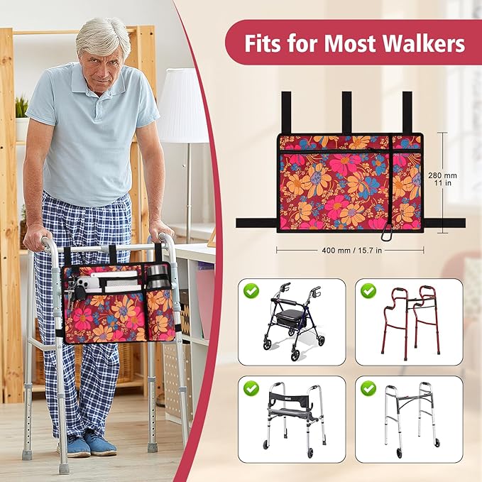 supregear Accessories Bag for Walker, Wheelchair, Rollator - Walker Basket Bag w/Cup Holder - Seniors Caddy Attachment Pouch for Walkers, Water Resistant Large Capacity Carry Storage Carrier Tote
