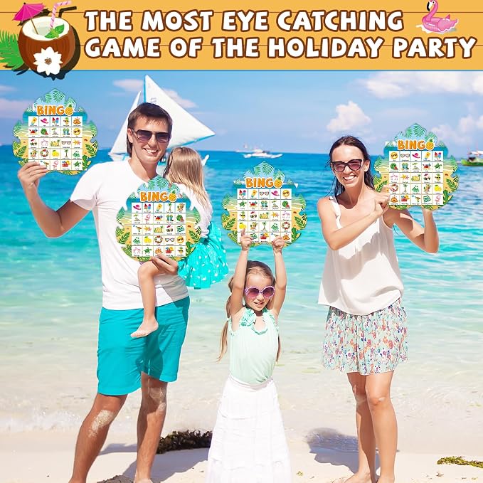 39Pcs Hawaiian Bingo Game for Adults Kids 24 Players Tropical Summer Palm Leaves Bingo Game Cards with Reward Stickers for Family Friend Student Large Group Activities Luau Theme Party Supplies Favors