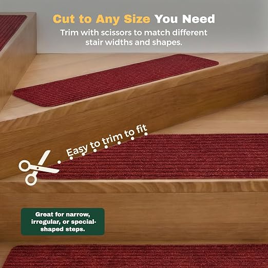 MBIGM Carpet Stair Treads for Wooden Steps, 15 Pack, 8" x 30", Red Stripe | Four-layer polyester carpet with PP grid base, nonwoven cushion and TPR adhesive backing adds indoor traction and comfort