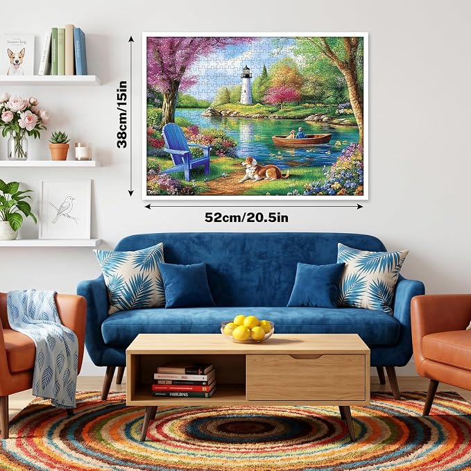 500 Piece Puzzle for Adults, Lighthouse Lake Landscape Jigsaw Puzzle with Dog, Garden Boat Scene, Puzzles for Adults 500 Pieces with Letters on Back, Cozy Nature Gift 20.5 x 15 in