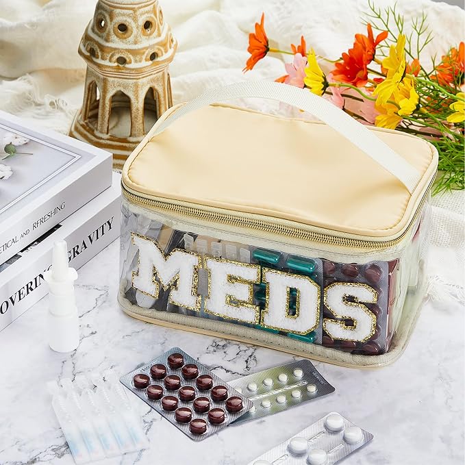 Geetery Chenille Letter Bag, Meds Bag, Large Medication Travel Cases, Nylon Beige Makeup Portable Pouch, Cheerleader Gifts for Women(Beige, Meds)