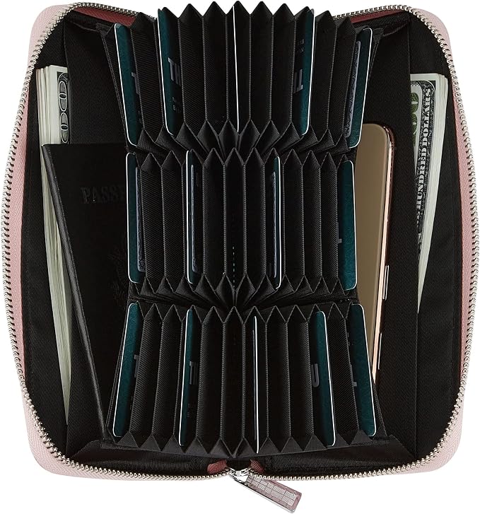 Women 36 Slots RFID Blocking Card Holder Large Long Leather Zipper Organizer Accordion Wallet,Pink