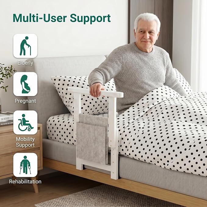 Bamboo Bed Assist Rail for Seniors Adjustable Grab Bar 300lbs White | Non-Slip Handle, Storage Pocket, Fits 4–12 inch Mattresses, Fits Twin, Full, Queen & King Beds
