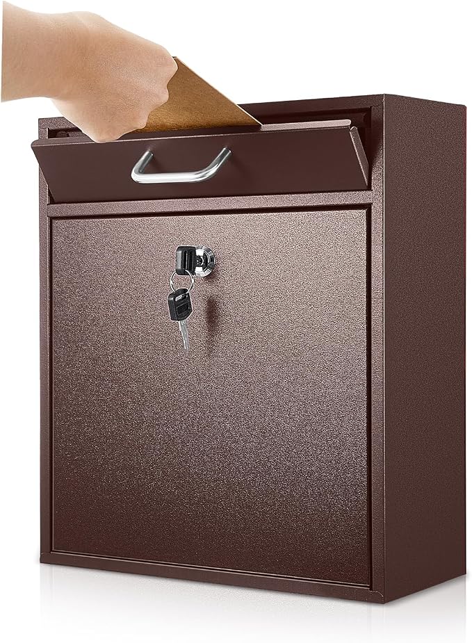 Yaocom Locking Mailbox with Key for Outdoor 12 x 10.5 x 4.7 Inches Large Wall Mount Mail Box with Lock Security Mail Drop Metal Collection Boxes Hanging Secure Postbox(Brown)