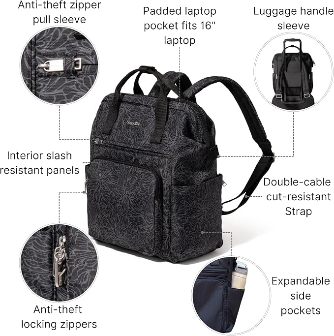 Baggallini Securtex Anti-Theft Windsor Backpack for Travel, Work & College, RFID & Locking Zipper, Up to 16" Laptop
