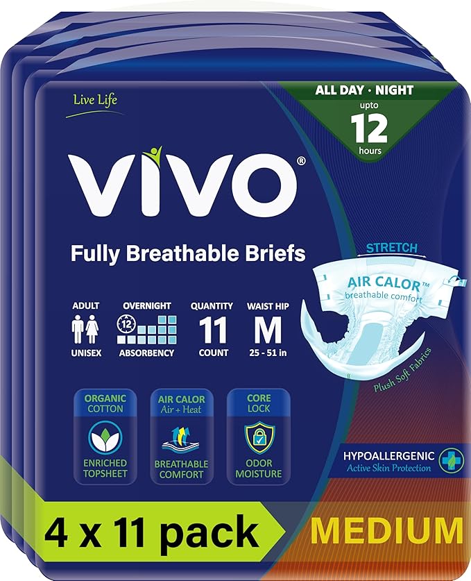 VIVO Organic Cotton Overnight Sensitive Skin Adult Incontinence Diaper Briefs with Tabs, Medium 44 Count