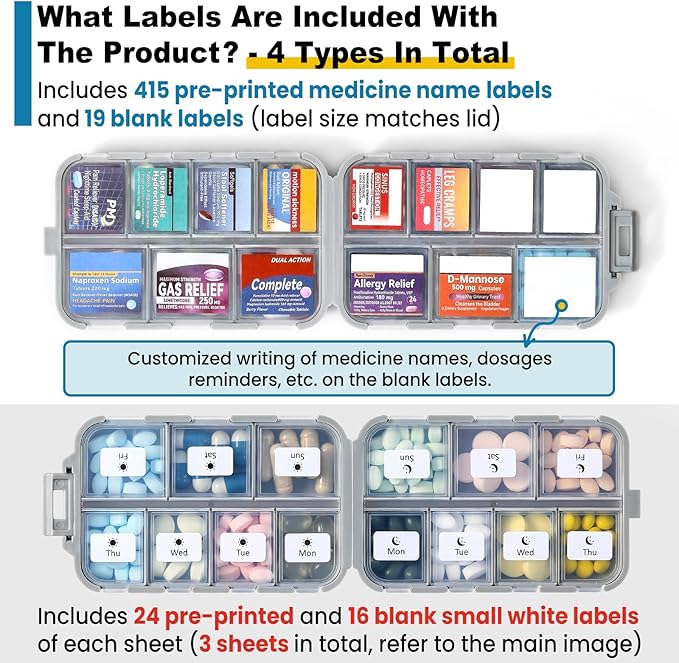 3 Pack 14 Grids Travel Pill Organizer Box with 415-Pcs Medicine Name Labels - Pocket Daily Pharmacy Case Container Kit - Travel Medication Holder Dispenser for Fish Oil Vitamin, Khaki+Grey+Sky Blue