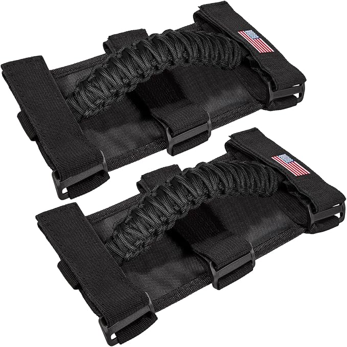 Roll Bar Grab Handles Grip Handle for Jeep Wrangler JK JKU JL JLU TJ YJ Sport Sahara Freedom Rubicon Unlimited Gladiator JT 1955-2023 UTV ATV Accessories Premium Paracord US Flag (Black 2 Pack)