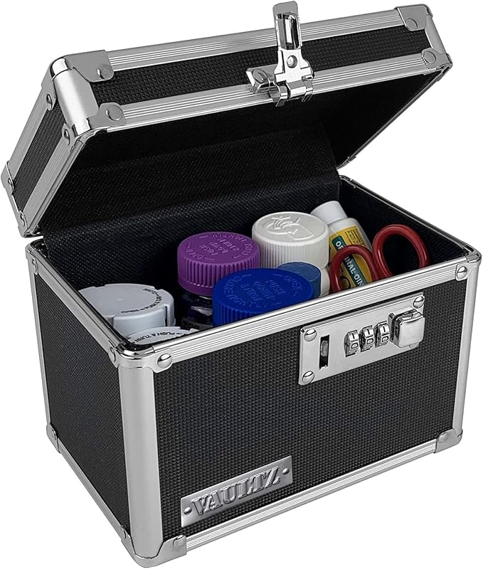Vaultz Locking Security Box with Combination Lock - Secure Metal Lock Box Safe for Valuables, Cash & Personal Items, Small Lockbox with Code, Portable Storage Case, Black