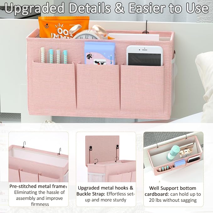 Bedside Caddy Storage Organizer for Bed Rails, Bed Caddy with 6 Pockets | Bedside Organizer with Fixed Straps and Hooks, Mattress Supported Versatile for Home, Dorm, Bunk, Hospital and Crib Bed
