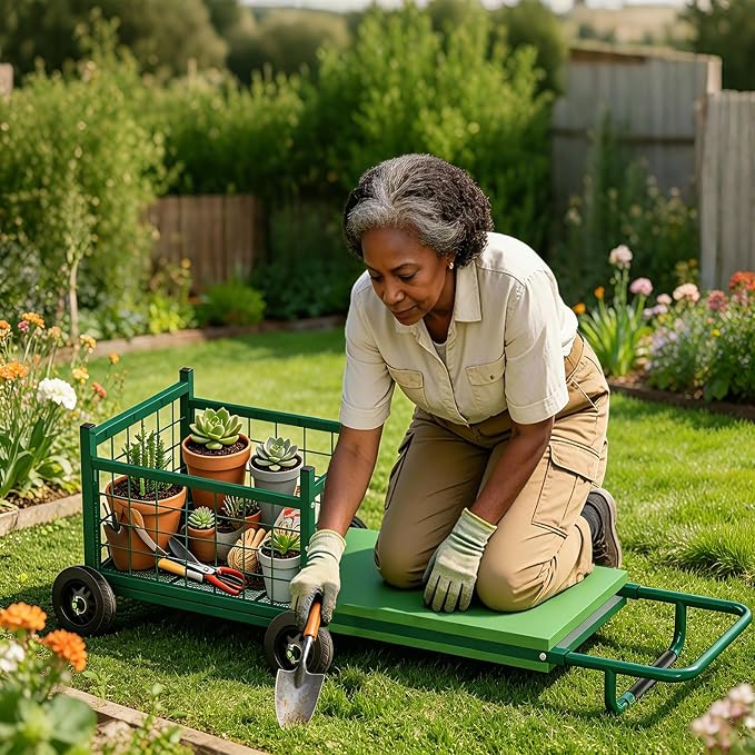 Extra-Large Rolling Garden Cart and Kneeler, 4-in-1 Garden Seat with Wheels | Heavy Duty Gardenning Cart with Seat and Kneeler, Rolling Stools with Wheels for Seniors Gardening