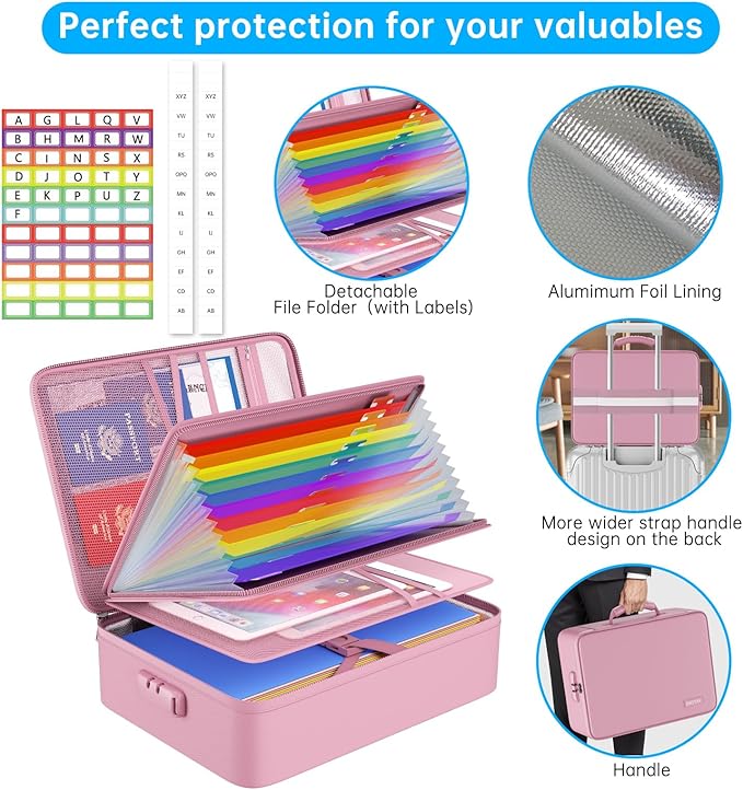 ENGPOW Fireproof File Organizer Bag with 13 Pockets Accordion File Folder | 5200℉ Document Organizer Box with Lock & Labels, Multi-Layer, Portable Home Safe Storage for Important Documents, Pink
