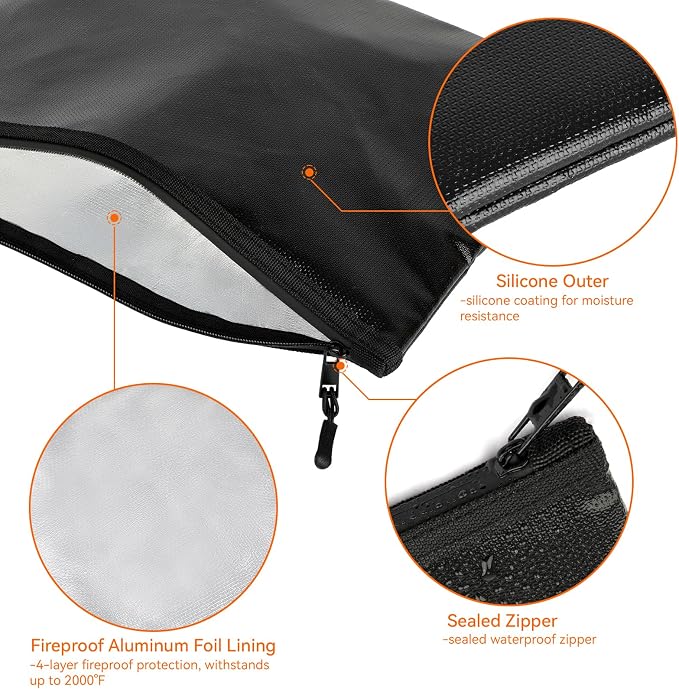 Fireproof Document Money Bag, Waterproof Zipper Pouch (10"x13.5") | Fire Proof for Passport, Important Legal Papers, Cash, Valuables, Secure Storage Organizer for Travel, Home, Office