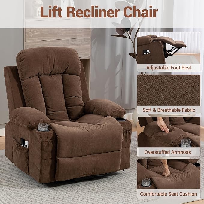 Power Lift Recliner Chair for Elderly, Electric Recliner with Vibration Massage, Lumbar Heat, USB Port & Cup Holders, Ergonomic Living Room Sofa, Brown