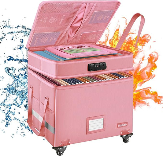 DocSafe File Box with Lock,2-Layer Fireproof Document Box with Wheels,Collapsible Rolling File Storage Organizer with Pockets,Large Portable Home Office Filing Cabinet Safe for Hanging Folders,Pink