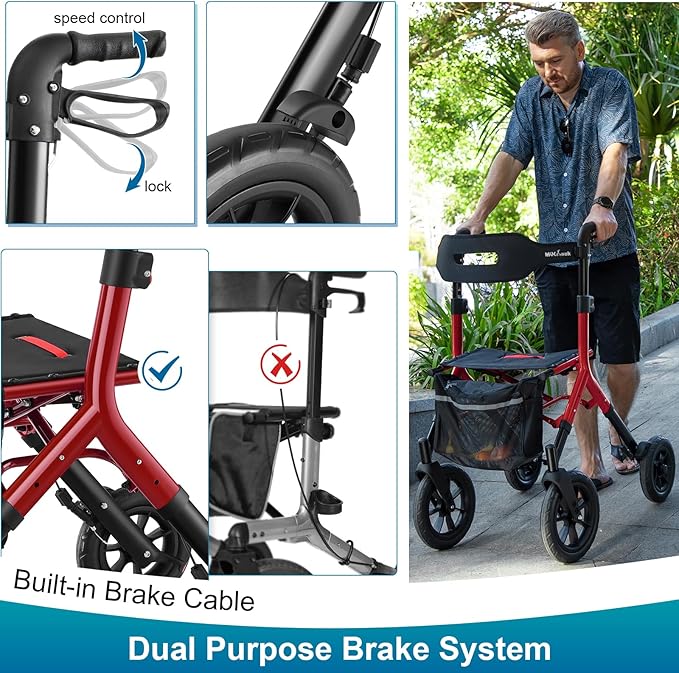 Rollator Walker with Seat, Tall Walkers for Seniors, 12" Big Rubber Wheels All Terrain Rollator Walker with Backrest, Built-in Cable, Foldable and Dual Adjustable Height for 5.3-7ft, Red