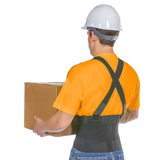 BraceAbility Work Back Brace - Industrial Lower Back Pain Protection Belt for Men and Women in Construction, Moving, Warehouse Jobs - Removable Suspender Shoulder Straps for Heavy Lifting Safety (XL)