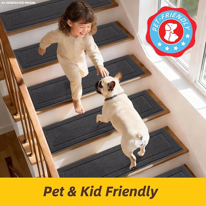 JSEI Stair Treads for Wooden Steps Indoor, 15-Pack, 30" x 8", Dark Grey | Non Slip Stair Treads, Washable Polyester Stair Mats with TPE Backing, Low Profile Stair Rugs for Kids, Seniors and Dogs