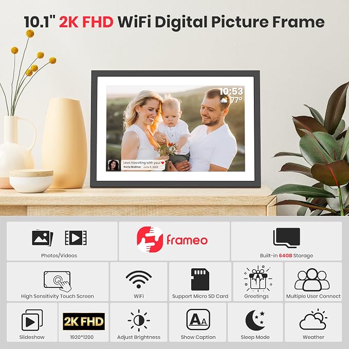 Frameo 2K 64GB Digital Picture Frame WiFi 10.1" Electronic Photo Frame FHD 1920 x 1200 IPS Touch Screen Share Moments Remotely Anywhere Photo Gifts for Mother Dad Grandparents Christmas
