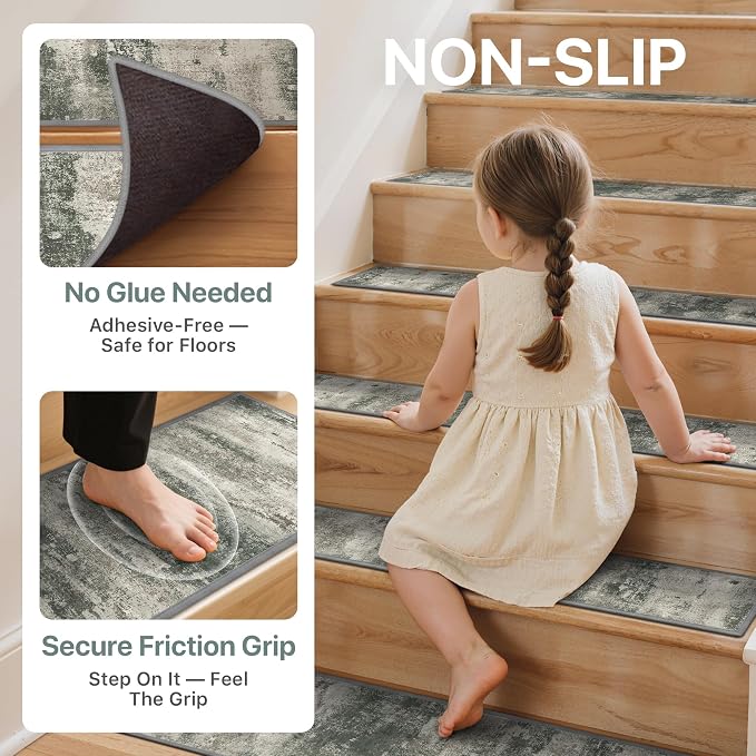 sarben 8"x30" Non Slip Stair Treads for Wooden Steps 15Pk,Muted Green Beige | Peel and Stick Carpet Stair Runner with TPE Adhesive Backing, Carpet for Added Safety, Pet and Senior Friendly