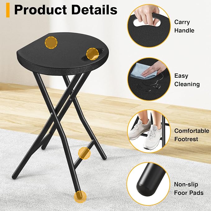 Portable Folding Chair with Handle, Heavy Duty Round Fold Stool Chair | 500lbs Capacityfor Adults, 18 Inch Foldable Stool for Dorm, Kitchen, Vanity, Church and Outdoor use
