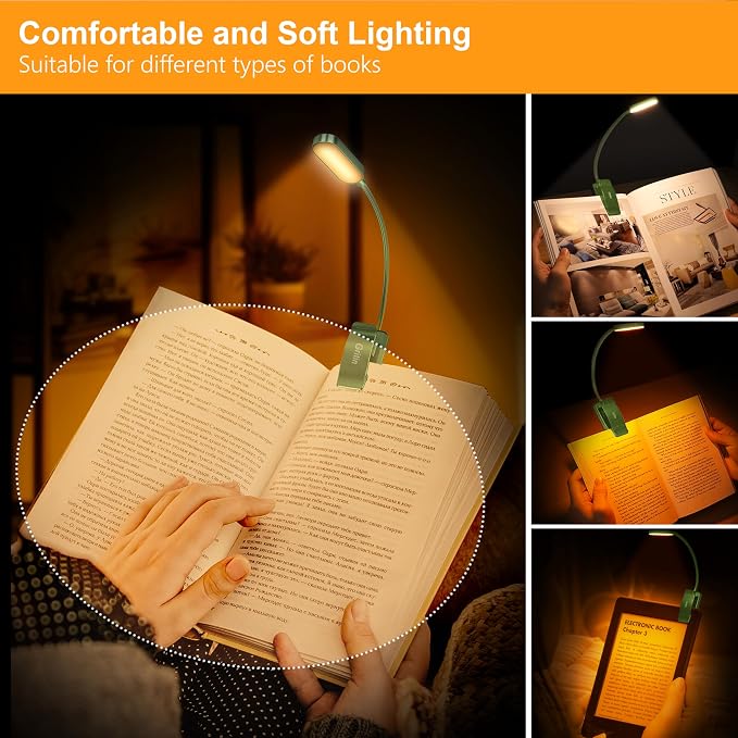 Gritin 16 LED Rechargeable Book Light for Reading in Bed | Eye Caring 3 Color Temperatures, Stepless Dimming Brightness, 80 Hrs Runtime, Lightweight Flexible Clip on Light-Dark Green