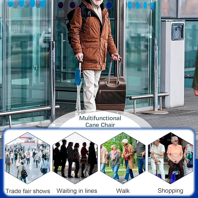 Walking Cane with Seat Cane Chair Foldable Walking Stick with Seat, Adjustable Cane Stool for Seniors Elderly, Lightweight Aluminum, Easy Carry (Blue)