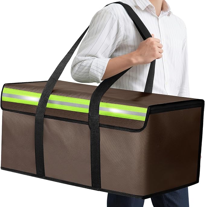Large Fireproof Document Bag for Home Safe Storage, 24 x 12 x 12in, Brown | 2000°F fireproof document box, 4-layer fiberglass important document storage for photo, file and cash with reflective strip