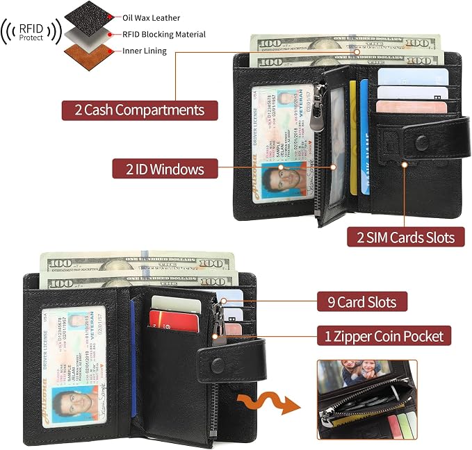 GAEKEAO Genuine Leather Wallets for Men with Zipper, RFID Blocking Mens Wallet with Coin Pouch, Bifold Wallet with 2 ID Windows in Gift Box, Billeteras de Hombres