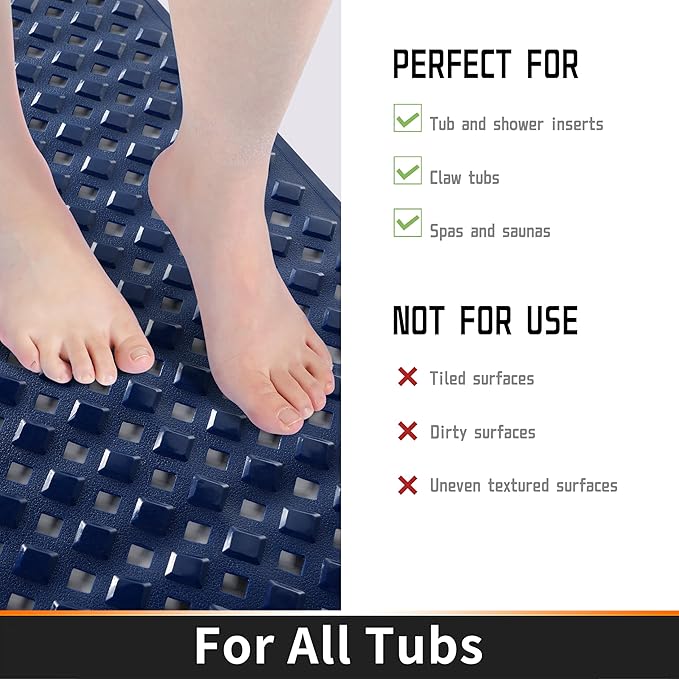 Yimobra Non Slip Bath Mat, Super Strong Suction Cups,34.5"x15.5"Long Tub Mat with Drain Holes, Machine Washable Fast Draining Shower Mats, Bathroom Essentials,Navy Blue