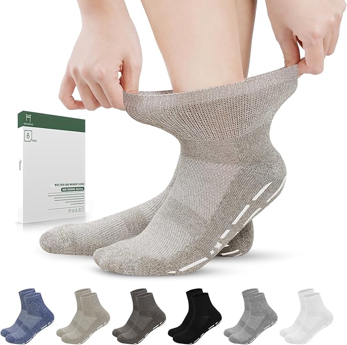 Bulinlulu Bamboo Viscose Diabetic Socks with Grippers for Men Women -6 Pairs Non Binding Ankle Slipper Socks Size 6-9 9-12
