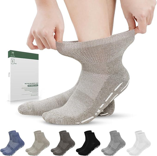 Bulinlulu Bamboo Viscose Diabetic Socks with Grippers for Men Women -6 Pairs Non Binding Ankle Slipper Socks Size 6-9 9-12