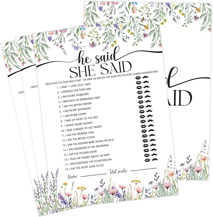 Wildflower Bridal Shower Games, Boho Flowers He Said She Said Game for 30 Guests with Game Cards, Bridal Shower Decor, Wedding Decorations Supplies (28)