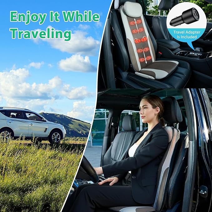 Shiatsu Back Massager with Heat, Massage Chair Pad Seat Cushion for Stress Relief, Deep Tissue Kneading & Roller, 2 Vibration Motors, Back Waist Hip Massager, PU Leather, with 2 Adapters