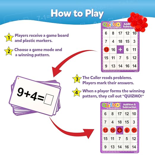 LEARNING ADVANTAGE QUIZMO Addition & Subtraction, Bingo-Style Math Game | 2 Game Modes for Ages 6-10, Teach Basic Mathematics