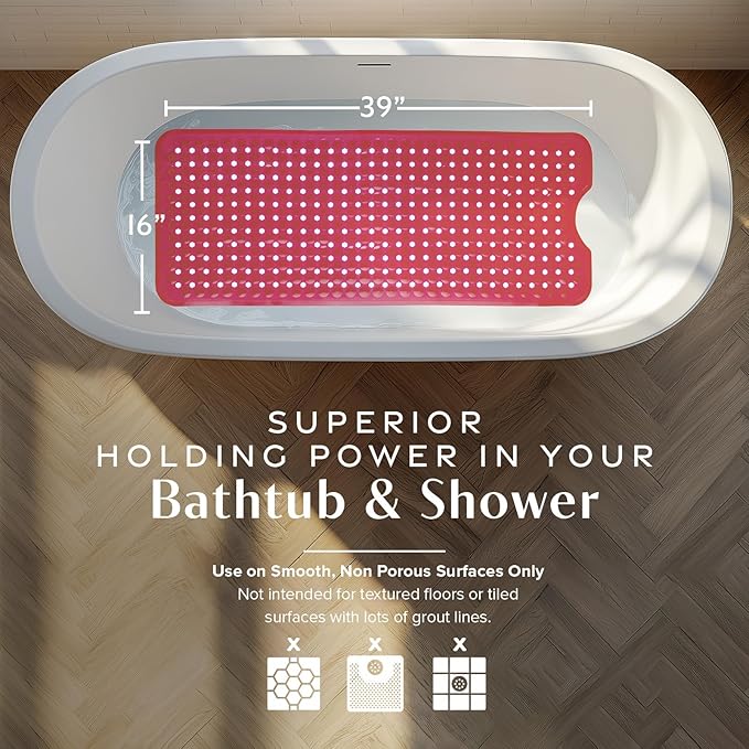 SlipX Solutions Power Grip Bathtub Safety Mat | Precision Grip Technology for Longer, Stronger, & Softer Wet Surface Protection | Clear Red 39"x16"