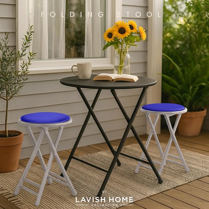 Lavish Home Folding Stool with Padded Backless Seat Set of 2, Blue, 24” | Counter Height Bar Stools with 225lb Capacity, Portable Indoor & Outdoor, Extra Seat for Kitchen, Rec Room or Camping
