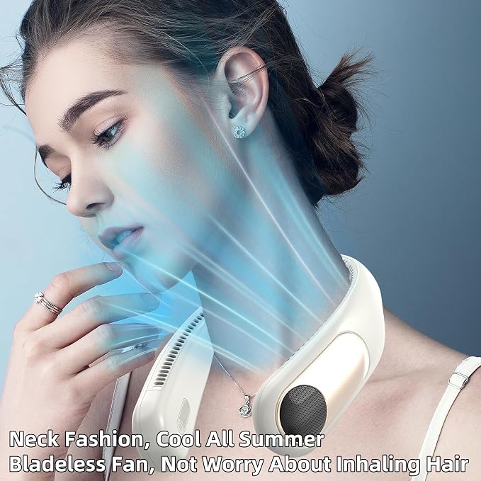 Portable Neck Fan, Personal Wearable Bladeless Fan for Outdoor Indoor, LED Display, 360° Cooling, 4-Speeds, 6000mAh USB Rechargeable, Birthday Gifts for Men Women Dad Mom (off-white)