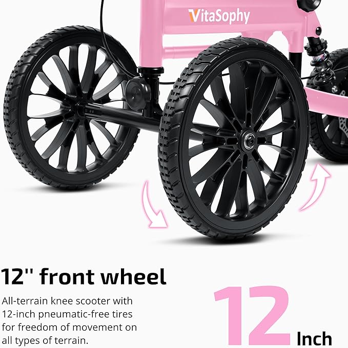 All Terrain Knee Scooter with Disc Brakes, Steerable Knee Walker for Adults for Foot Surgery, Broken Ankle- Foldable Rover Scooter for Broken Foot Injured Leg Crutch (Pink)