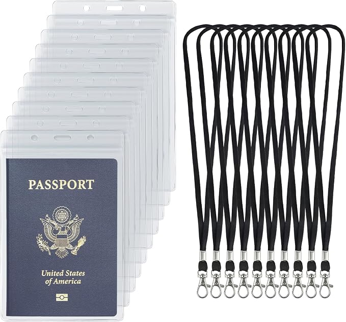 Uniclife 10 Pack Passport Holder, Clear PVC ID Badge Holder with Lanyard | Waterproof Passport Holders for Travel, Extra Large Lanyard Card Holder for Cruise & Events, 4.5" × 6.4"