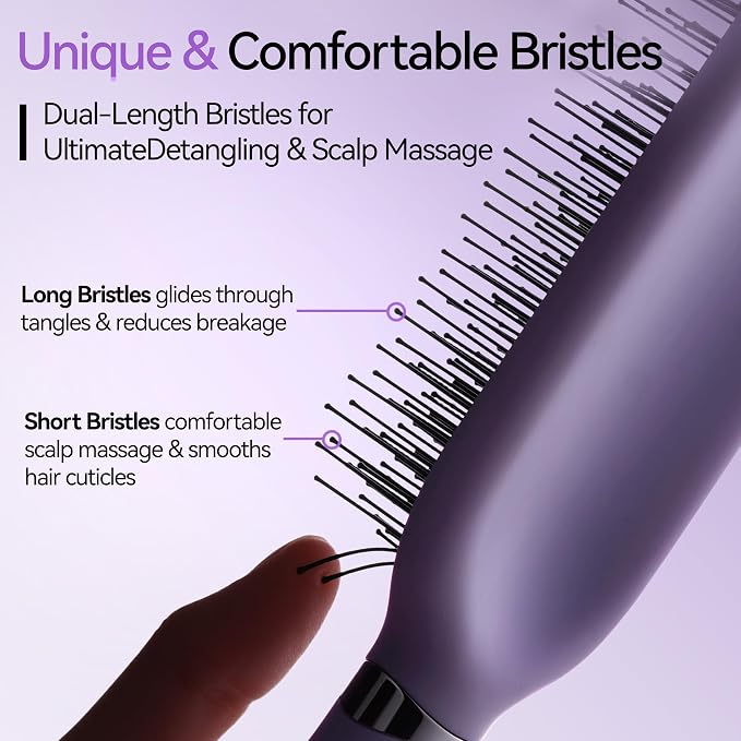 Detangling & Styling Hair Brush for Women Men, Wet& Dry Detangler Hairbrush | Dual-Length Nylon Bristles for Straight to Curly Hair Types, Eliminates Knots & Reduces Breakage, Purple Gradient