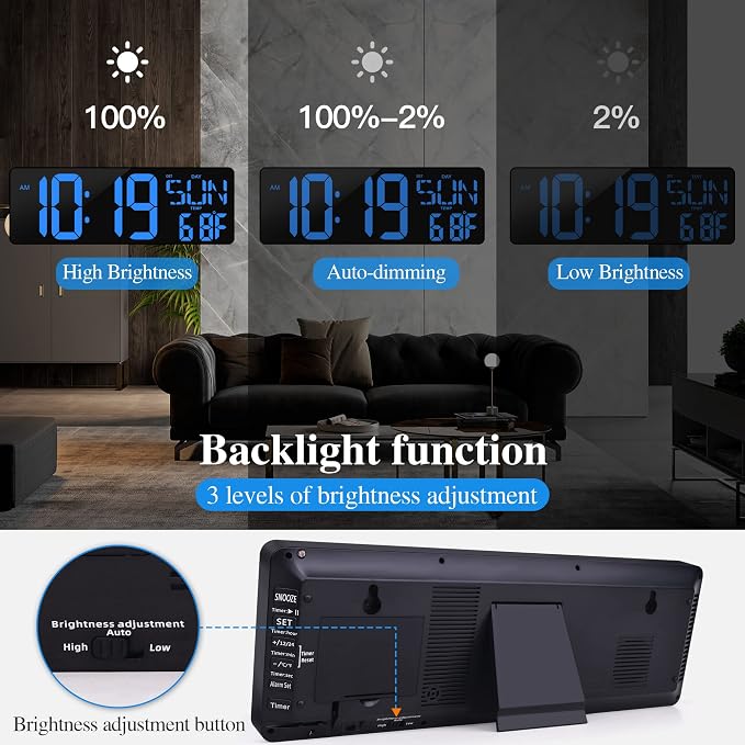 17.2"Large Digital Wall Clock Large Display with Remote Control 180°Visible | Timer with Temperature Date Week Auto DST Adjustable Brightness, for Living Room Classroom Garage Gym Gift for Senior Mom Dad