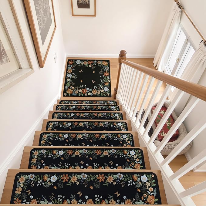 OJIA Floral Stair Treads Non-Slip Landing Mat for Wooden Steps 31"x31" | Square Carpet Stair Treads Rubber Backing Stair Runner Anti-Slip Stair Matching Mat Stair Rugs Carpet for Stairs
