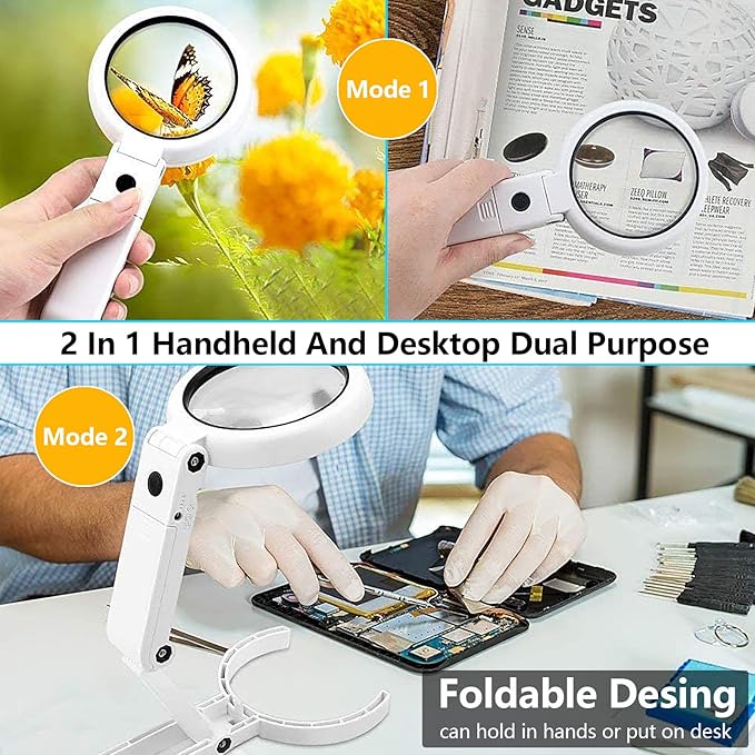 Magnifying Glass with Light and Stand, Foldable Handheld Large Magnifying Glass, Dual Brightness LED Illuminated Lighted Magnifier for Macular Degeneration, Seniors Reading, Close Work, Coins, Jewelry