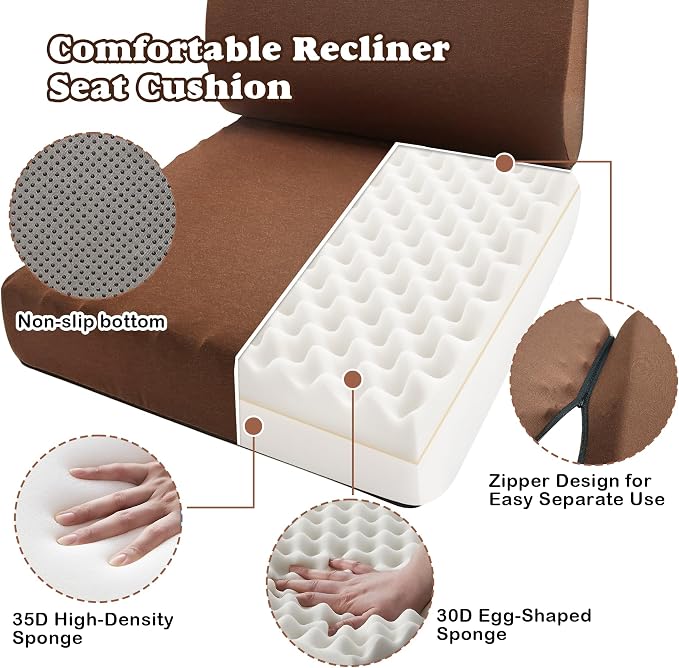 2-in-1 Recliner Cushions for Elderly Egg Crate Foam Seat Cushion and Ergonomic Back Support Pillow Non-Slip Recliner Cushions for Long Sitting Reduces Muscle Fatigue, Brown