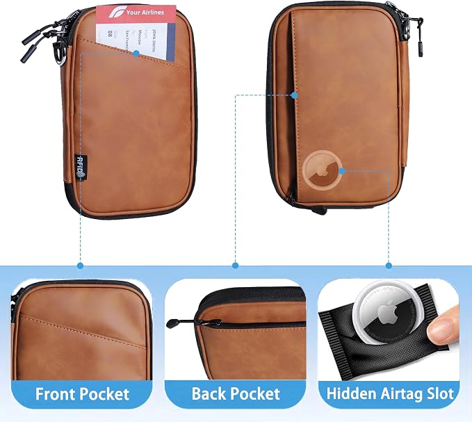 Lagre family passport holder for 4 passport wallet for travel passport cover rfid blocking for women waterproof wallet with zipper airtag passport case for men multiple passport bag (BROWN)